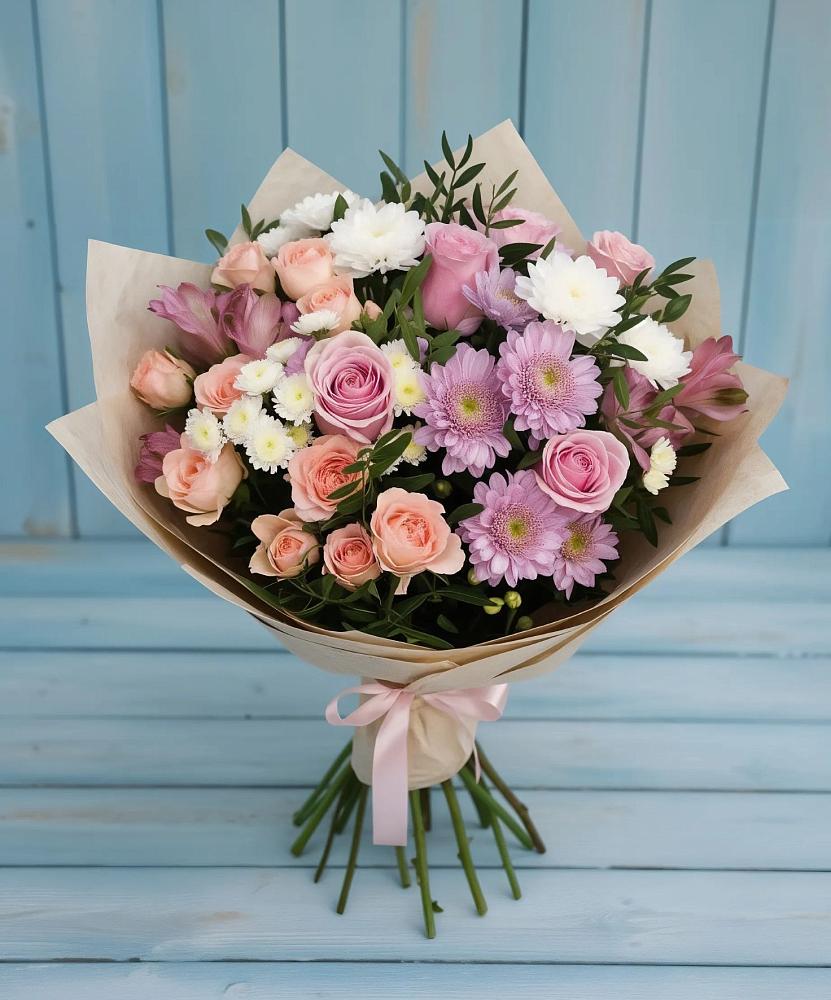 Букет цветов из: Хризантемы, Розы и Альстромерии в Верхнее Мячково