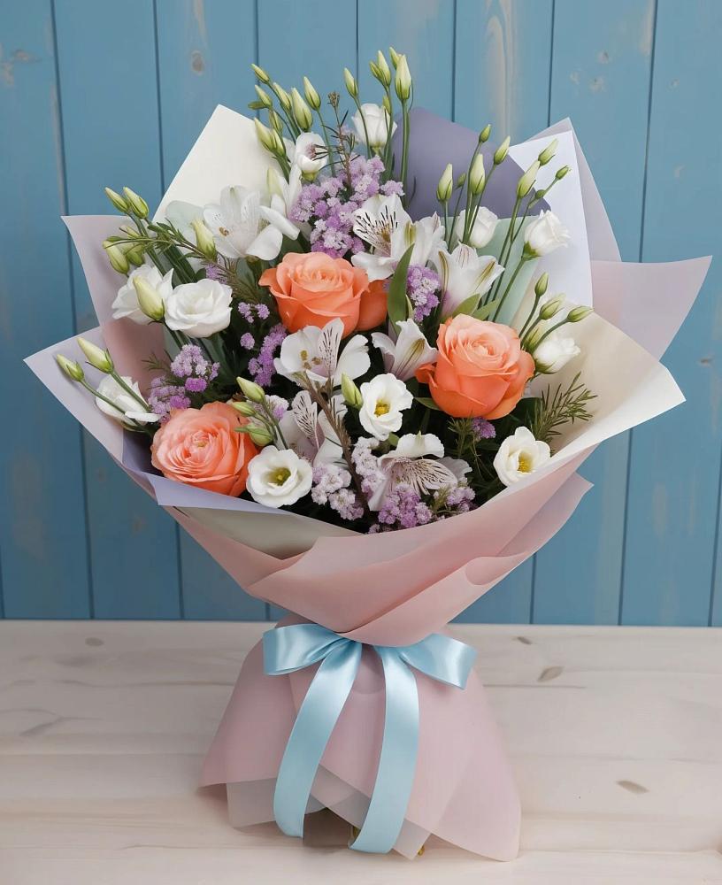 Букет цветов из: Лизиантусы, Розы, Альстромерии и Гипсофила в Верхнее Мячково