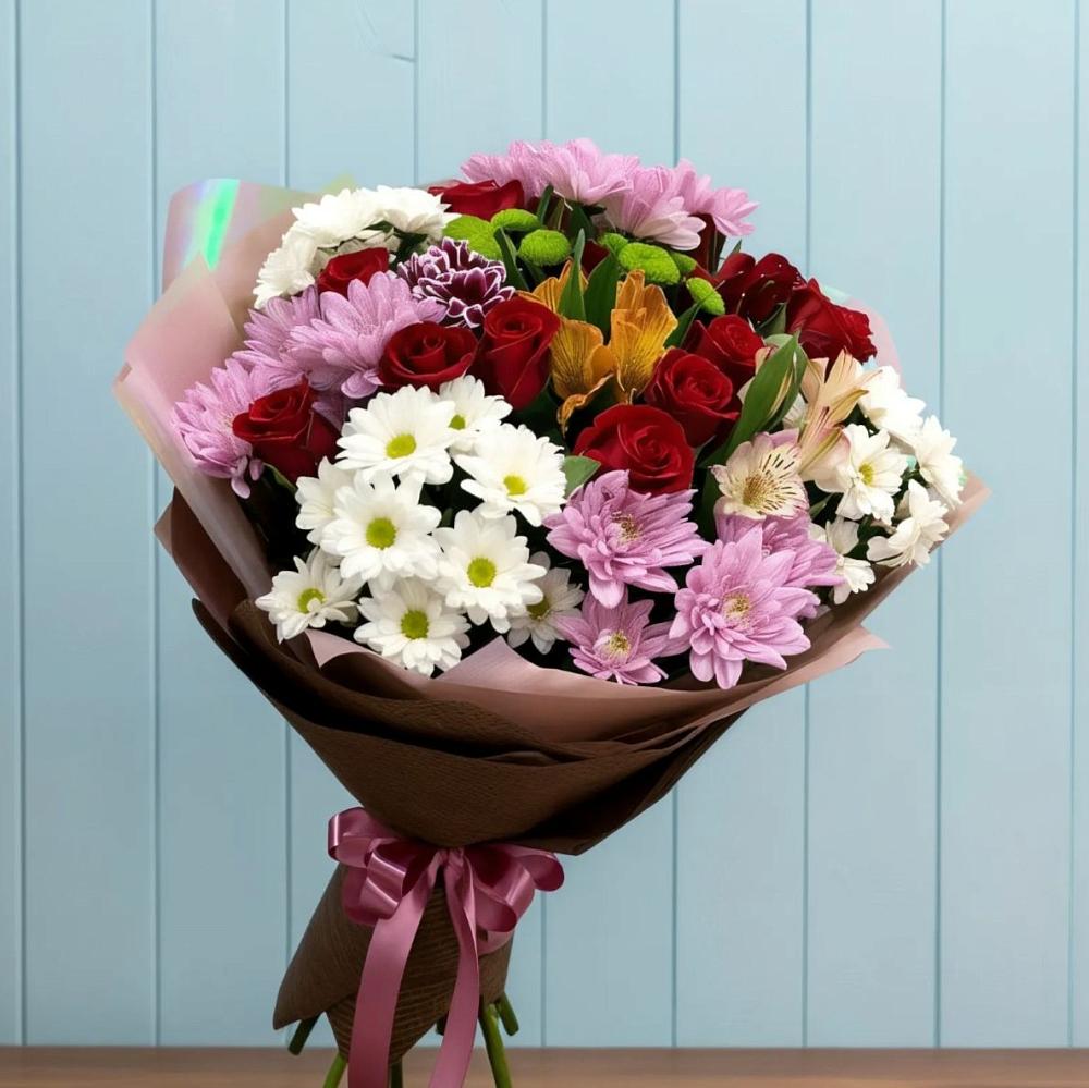 Букет цветов из: Розы, Хризантемы и Альстромерии в Верхнее Мячково