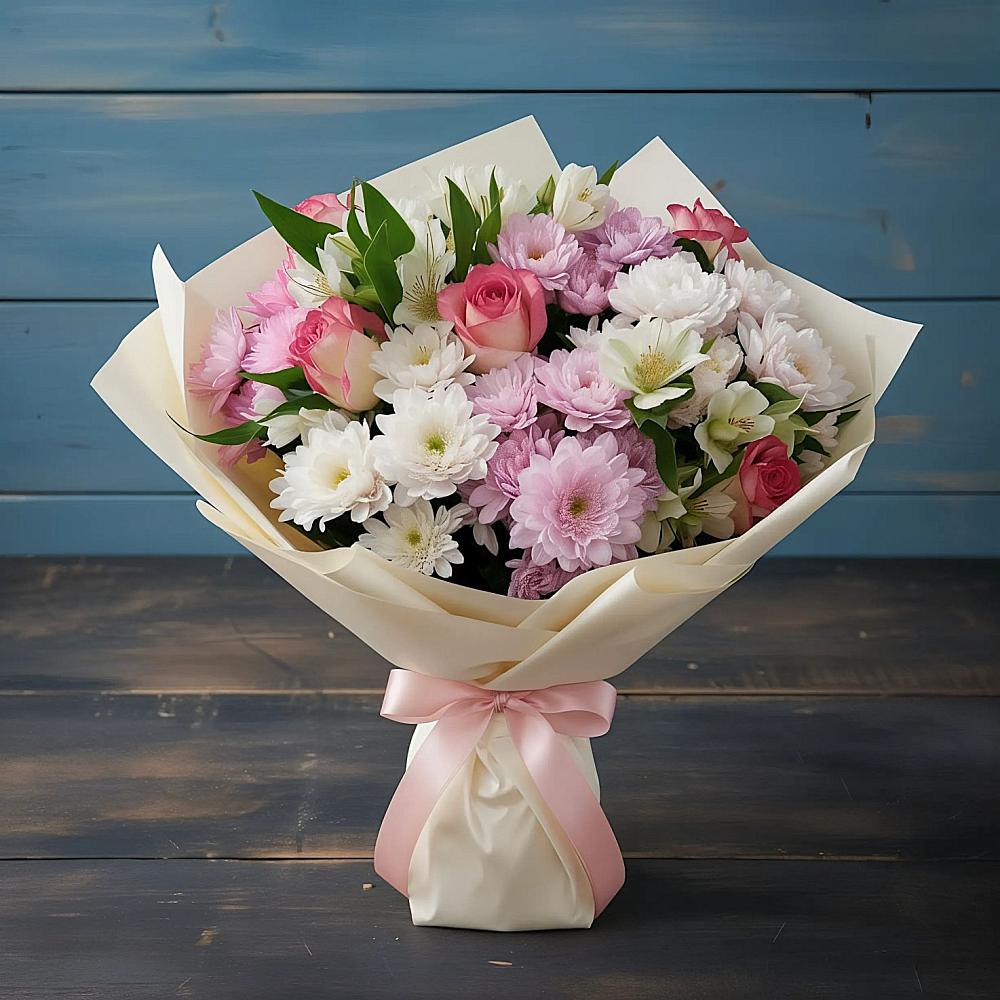 Букет цветов из: Хризантемы, Альстромерии и Розы в Верхнее Мячково